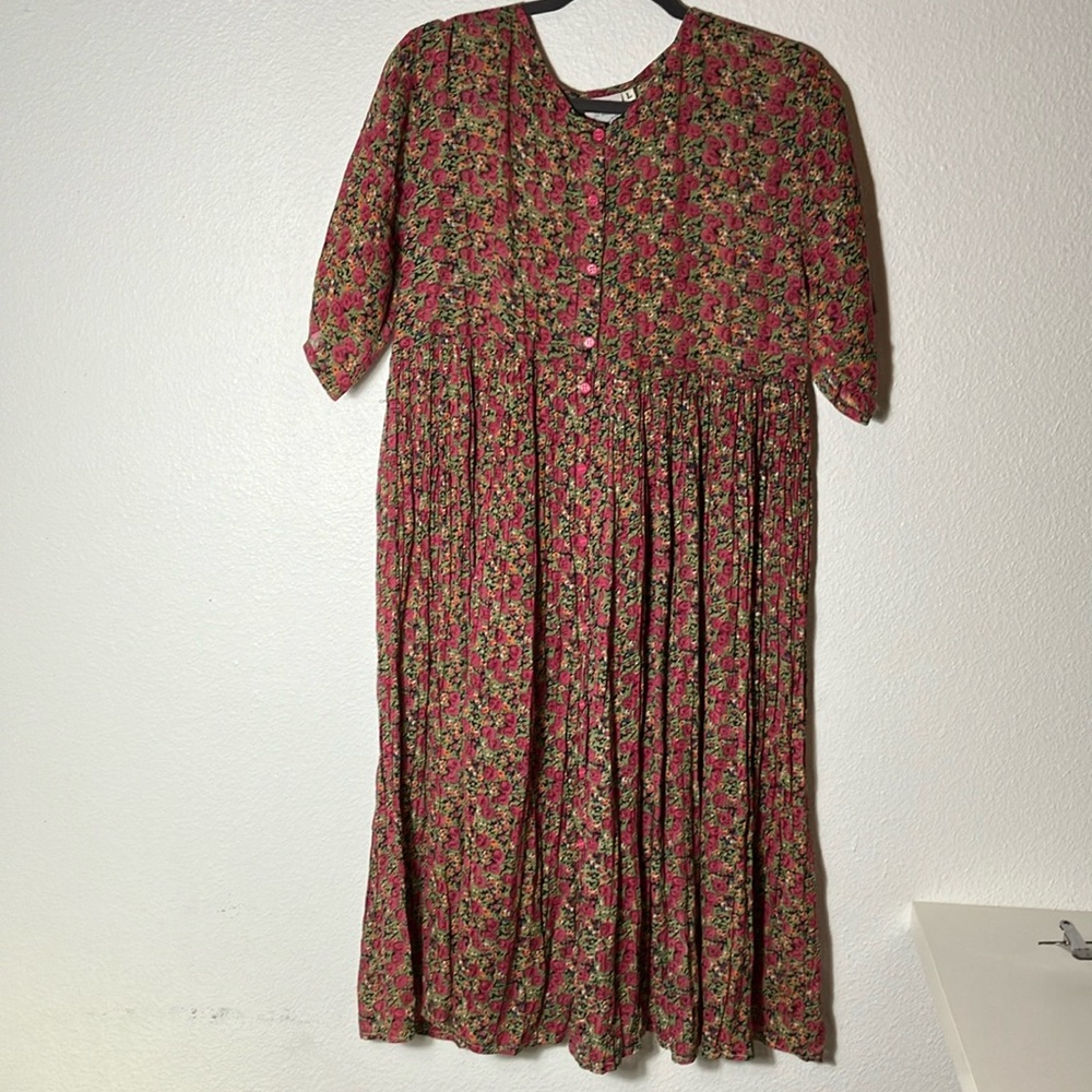 VINTAGE Papillon Maxi Flowy Dress Women's LARGE Black Multicolor Floral 54'' - Picture 1 of 8